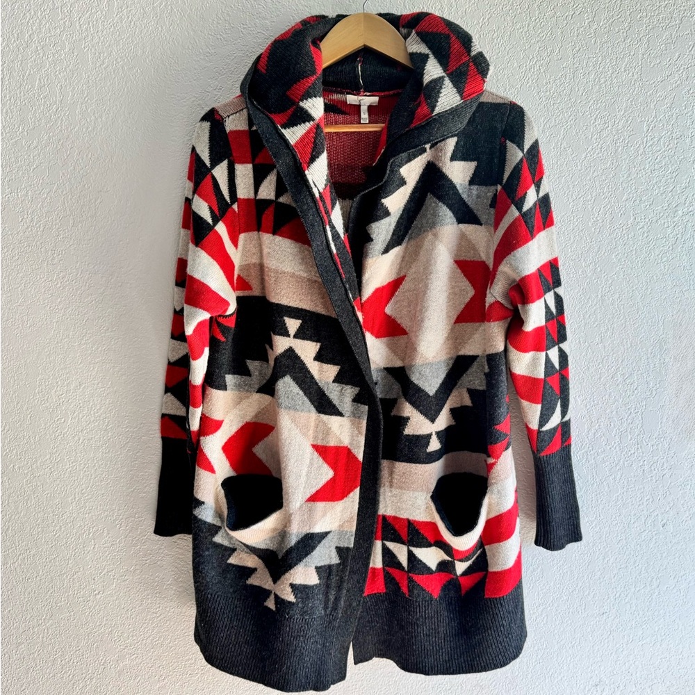 Joie Southwestern Wool & Cashmere Open Front Hooded Cardigan Sweater Pockets